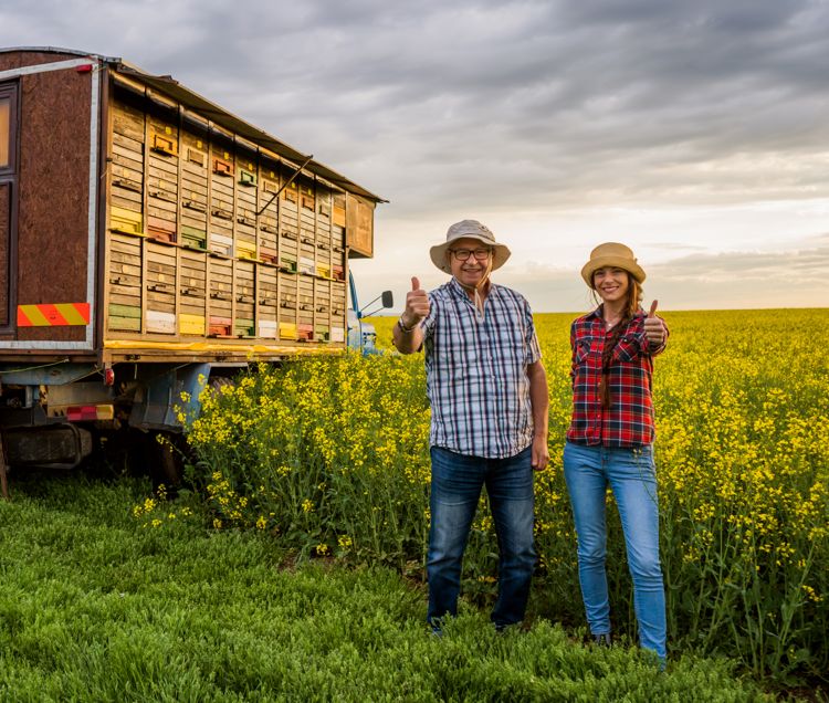 Proud two generations beekeepers are standing in front of their truck with beehives.